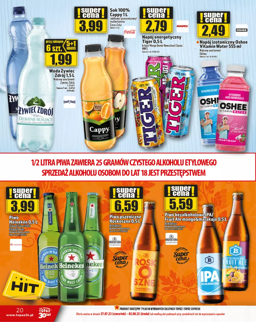 Gazetka promocyjna Topaz - Gazetka - ważna 27.07 do 02.08.2023 - strona 20 - produkty: Coca-Cola, Fa, Heineken, Kosz, Mango, Mus, Napój, Napój energetyczny, Napój izotoniczny, Oshee, Piwo, Tiger, Top, Woda