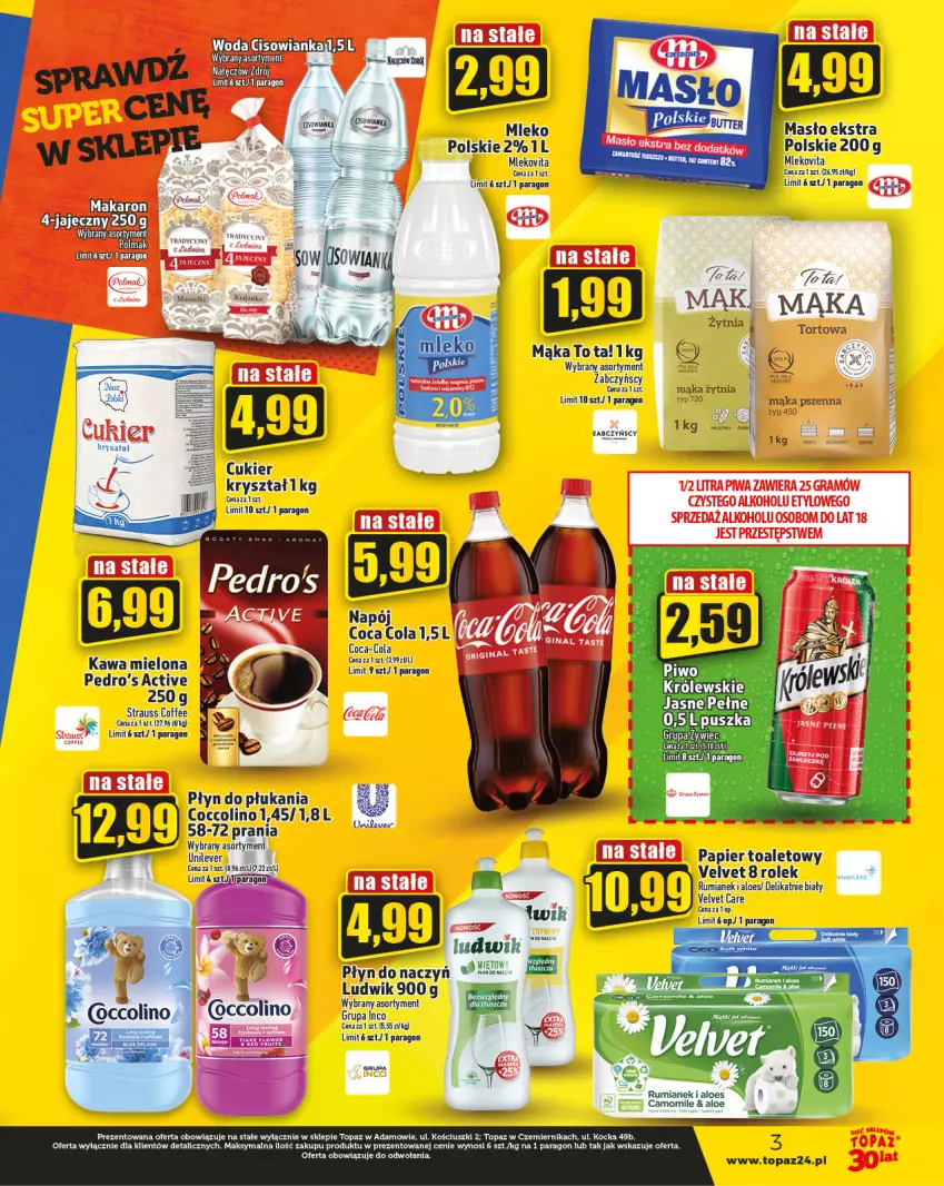 Gazetka promocyjna Topaz - Gazetka - ważna 27.07 do 02.08.2023 - strona 3 - produkty: Coccolino, Koc, Ludwik, Mąka, Mąka pszenna, Masło, Mleko, Mlekovita, Mus, Napój, Papier, Papier toaletowy, Piwo, Płyn do płukania, Rum, Top, Velvet, Vita C, Woda