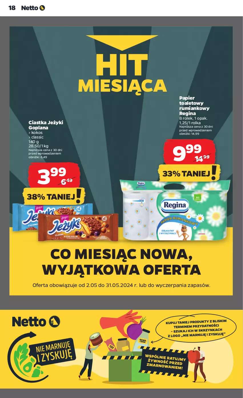 Gazetka promocyjna Netto - Artykuły spożywcze - ważna 16.05 do 22.05.2024 - strona 18 - produkty: Ciastka, Gin, Goplana, Jeżyki, Kokos, LANA, Papier, Papier toaletowy, Rum