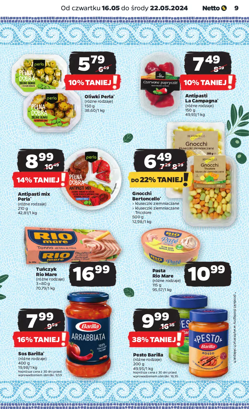 Gazetka promocyjna Netto - Artykuły spożywcze - ważna 16.05 do 22.05.2024 - strona 9 - produkty: Barilla, Gnocchi, Oliwki, Pesto, Rio Mare, Sos, Tuńczyk