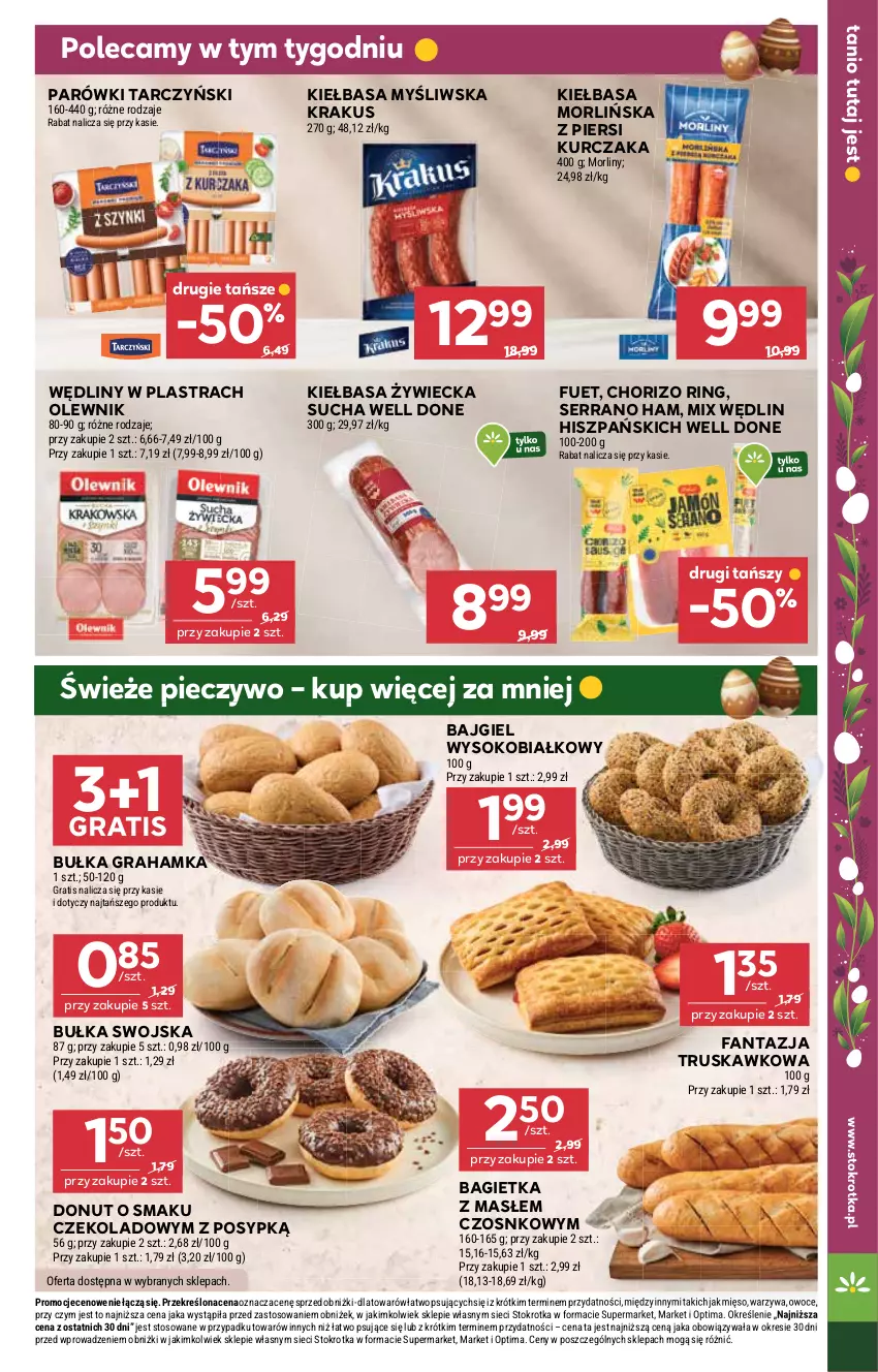 Gazetka promocyjna Stokrotka - Supermarket - ważna 26.03 do 01.04.2026 - strona 13 - produkty: Bagietka, Bułka, Bułka grahamka, Donut, Fa, Fanta, Gra, Kiełbasa, Krakus, Kurczak, Mięso, Morliny, Olewnik, Optima, Owoce, Parówki, Piec, Pieczywo, Ser, Sok, Tarczyński, Warzywa