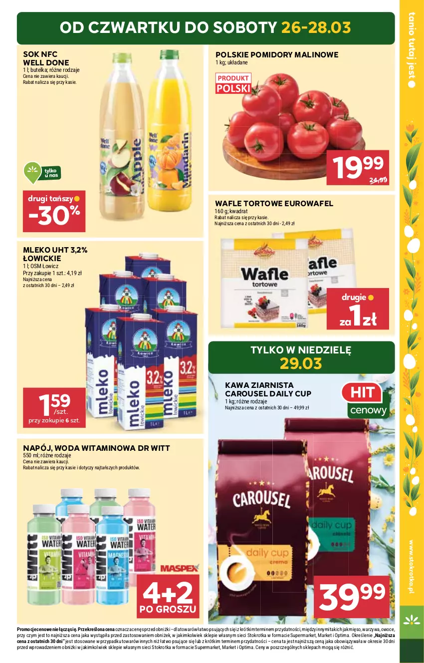 Gazetka promocyjna Stokrotka - Supermarket - ważna 26.03 do 01.04.2026 - strona 3 - produkty: Kawa, Kawa ziarnista, Mięso, Mleko, Napój, Optima, Owoce, Pomidory, Sok, Wafle, Wafle tortowe, Warzywa, Woda