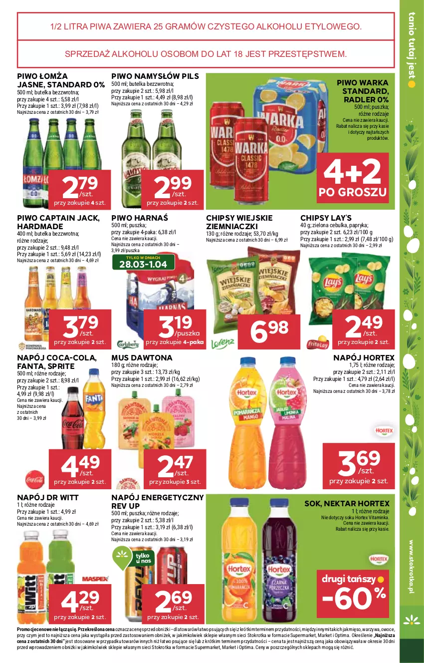 Gazetka promocyjna Stokrotka - Supermarket - ważna 26.03 do 01.04.2026 - strona 43 - produkty: Captain Jack, Chipsy, Coca-Cola, Dawtona, Fa, Fanta, Gra, Harnaś, Hortex, Inka, Lay’s, Mięso, Mus, Namysłów, Napój, Napój energetyczny, Nektar, Optima, Owoce, Papryka, Piwa, Piwo, Radler, Sok, Sprite, Warka, Warzywa
