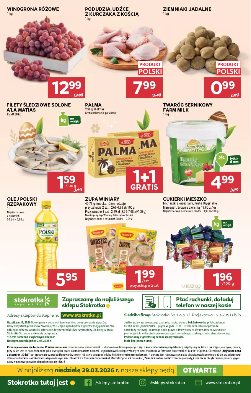 Gazetka promocyjna Stokrotka - Supermarket - ważna 26.03 do 01.04.2026 - strona 53 - produkty: Brownie, Cukier, Cukierki, Dres, Fa, Farm Milk, Gin, Gra, JBL, Kurczak, Mięso, O nas, Olej, Optima, Owoce, Palma, Ser, Telefon, Torebka, Twaróg, Wagi, Warzywa, Winiary, Wino, Winogrona, Ziemniaki, Zupa