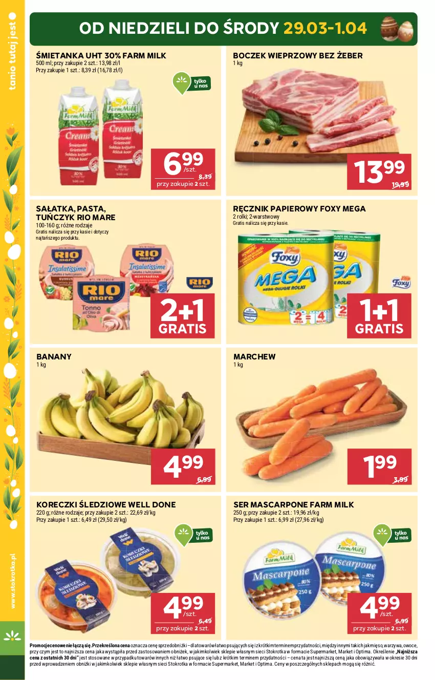 Gazetka promocyjna Stokrotka - Supermarket - ważna 26.03 do 01.04.2026 - strona 6 - produkty: Banany, Boczek, Boczek wieprzowy, Fa, Farm Milk, Foxy, Gra, Koreczki śledziowe, Mascarpone, Mięso, Optima, Owoce, Papier, Ręcznik, Rio Mare, Rolki, Sałat, Sałatka, Ser, Tuńczyk, Warzywa