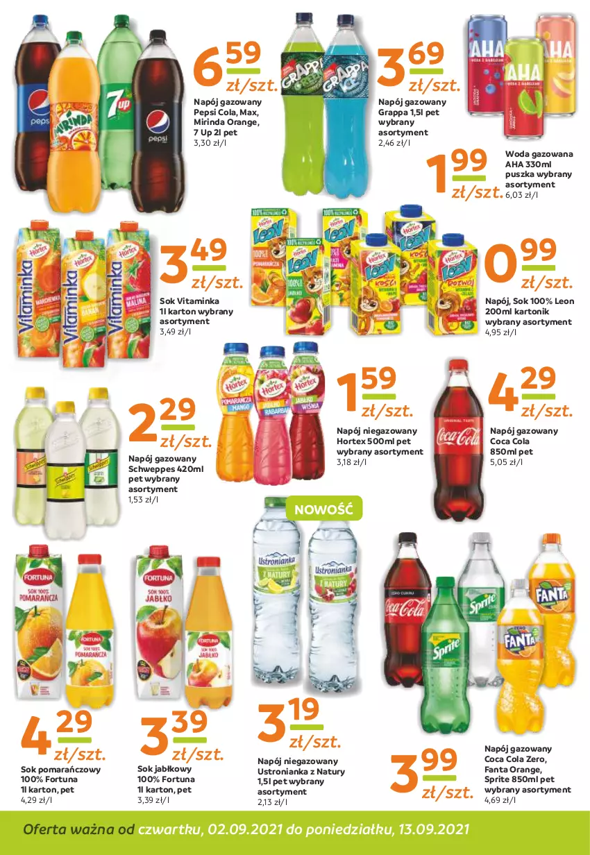 Gazetka promocyjna Gama - Gazetka Gama - ważna 02.09 do 13.09.2021 - strona 10 - produkty: Fa, Fanta, Fortuna, Gra, Grappa, Hortex, Inka, Leon, Mirinda, Napój, Napój gazowany, Napój niegazowany, Pepsi, Schweppes, Sok, Sok jabłkowy, Sok pomarańczowy, Sprite, Tonik, Woda, Woda gazowana