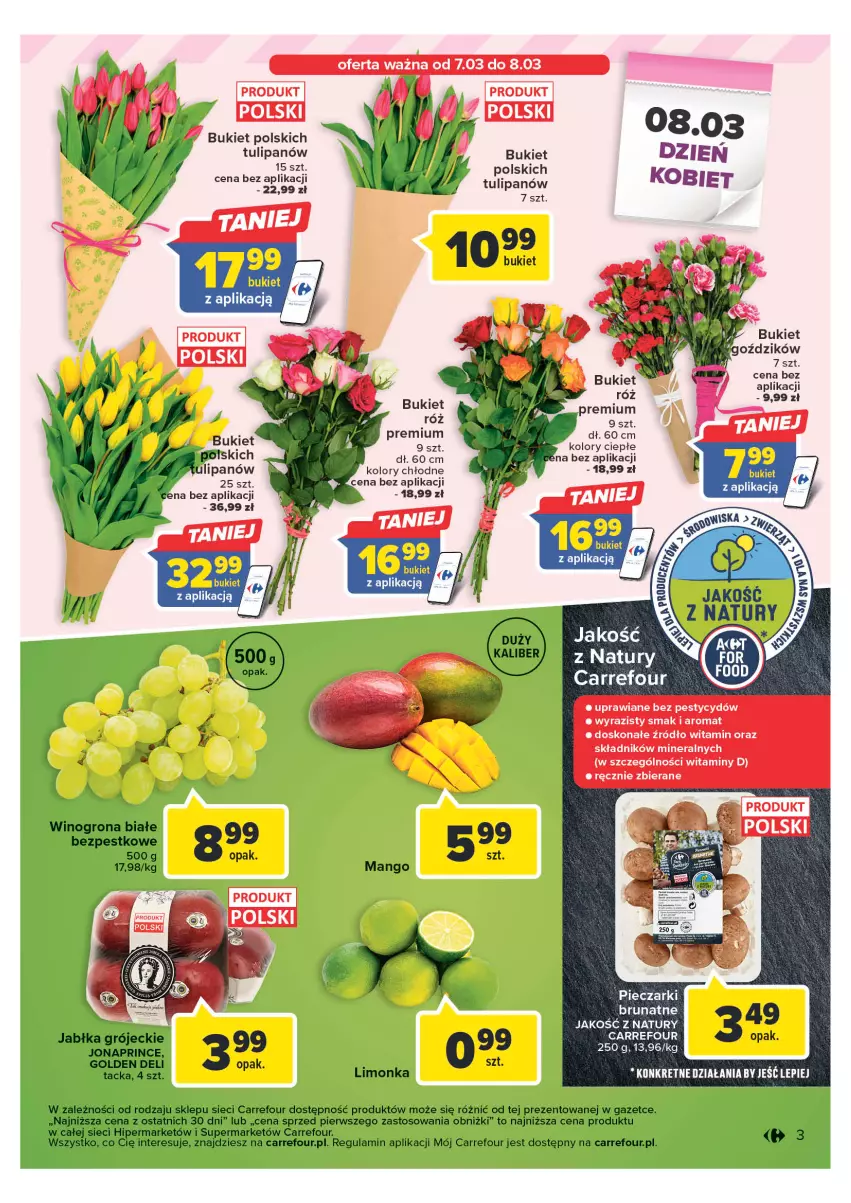 Gazetka promocyjna Carrefour - Gazetka Targ świeżości - ważna 06.03 do 11.03.2023 - strona 3 - produkty: Bukiet, Jabłka, Kret, LG, Limonka, Mango, Tulipan, Wino, Winogrona