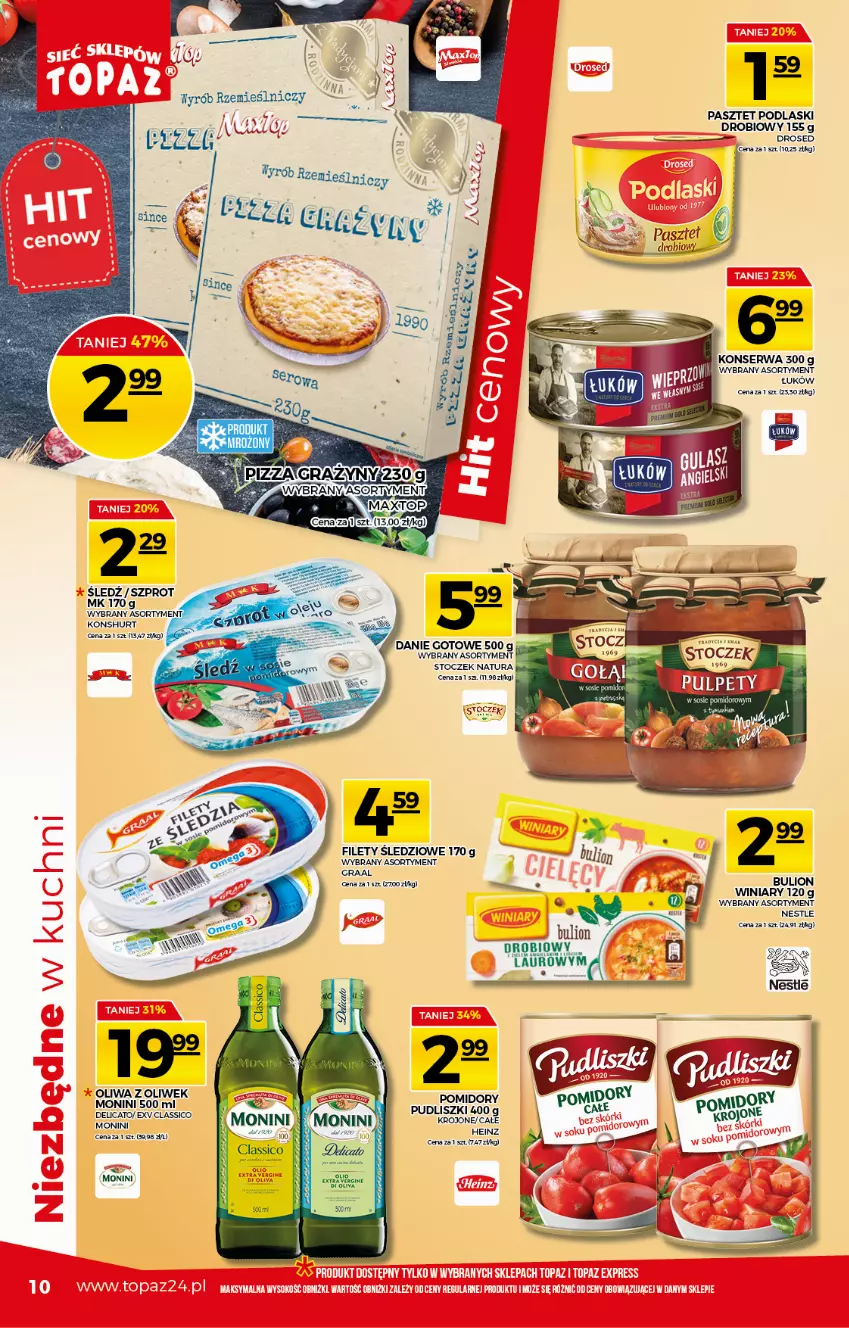 Gazetka promocyjna Topaz - Gazetka - ważna 22.04 do 28.04.2021 - strona 10 - produkty: Danie gotowe, Gra, Graal, Heinz, Laur, Lion, Monini, Oliwa z oliwek, Pasztet, Podlaski, Ser, Winiary