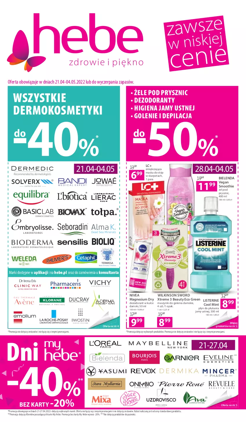 Gazetka promocyjna Hebe - Gazetka - ważna 21.04 do 04.05.2022 - strona 1 - produkty: Bielenda, Dezodorant, Higiena jamy ustnej, Karp, Listerine, Maska, Maska do stóp, Nivea, Płyn do płukania, Płyn do płukania jamy ustnej, Smoothie, Wilkinson Sword