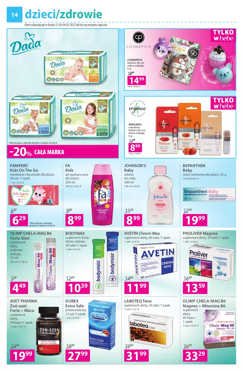 Gazetka promocyjna Hebe - Gazetka - ważna 21.04 do 04.05.2022 - strona 14 - produkty: Baby O, Balsam do ust, Bepanthen, Body, Bodymax, Chusteczki, Durex, Dzieci, Fa, Magnez, Pampers, Prezerwatyw, Suplement diety, Zdrowie