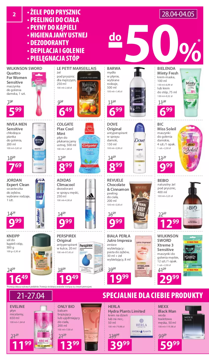 Gazetka promocyjna Hebe - Gazetka - ważna 21.04 do 04.05.2022 - strona 2 - produkty: Adidas, Antyperspirant, BIC, Bielenda, Colgate, Dezodorant, Dove, Eveline, Gin, Higiena jamy ustnej, Kneipp, Krem do stóp, Krem na dzień, Lack, LG, Mars, Maska, Maszynka, Maszynka do golenia, Mexx, Mydło, Mydło w płynie, Nivea, Nivea Men, Pasta do zębów, Peeling, Perła, Pianka do golenia, Płyn do płukania, Płyn do płukania jamy ustnej, Płyn micelarny, Revuele, Sól, Sól do kąpieli, Szczoteczka, Szczoteczka do zębów, Szynka, Wilkinson Sword, Woda, Woda toaletowa