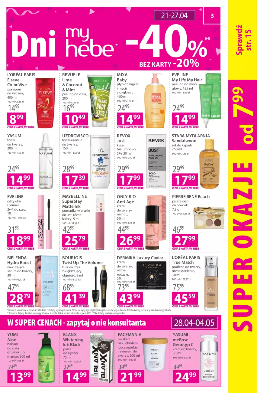 Gazetka promocyjna Hebe - Gazetka - ważna 21.04 do 04.05.2022 - strona 3 - produkty: Balsam do ciała, Bell, Bielenda, Bourjois, Dermika, Elseve, Eveline, Fa, Krem do twarzy, L’Oréal, Lack, Mango, Maska, Maybelline, Mixa, Odżywka, Olej, Paleta, Pasta do zębów, Peeling, Pierre René, Płyn do kąpieli, Podkład, Podkład do twarzy, Revuele, Rum, Ser, Serum, Serum do twarzy, Szampon, Tonik, Tonik do twarzy, Tusz