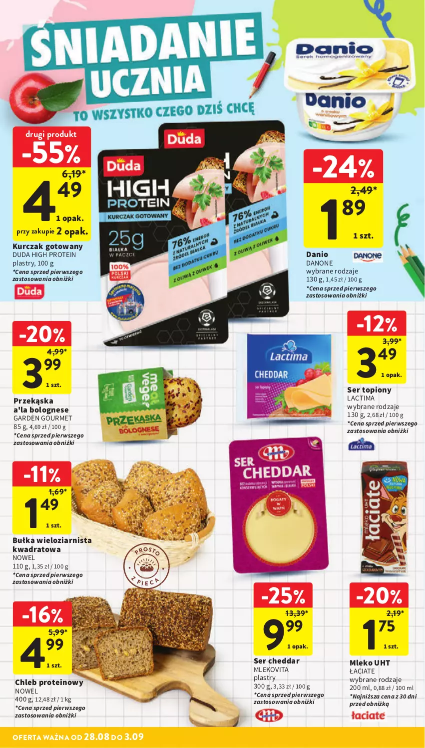 Gazetka promocyjna Intermarche - Gazetka Intermarche - ważna 28.08 do 03.09.2025 - strona 10 - produkty: Bułka, Bułka wieloziarnista, Cheddar, Chleb, Chleb proteinowy, Danio, Danone, Duda, Kurczak, Kurczak gotowany, Mleko, Mlekovita, Ser, Ser topiony, Top