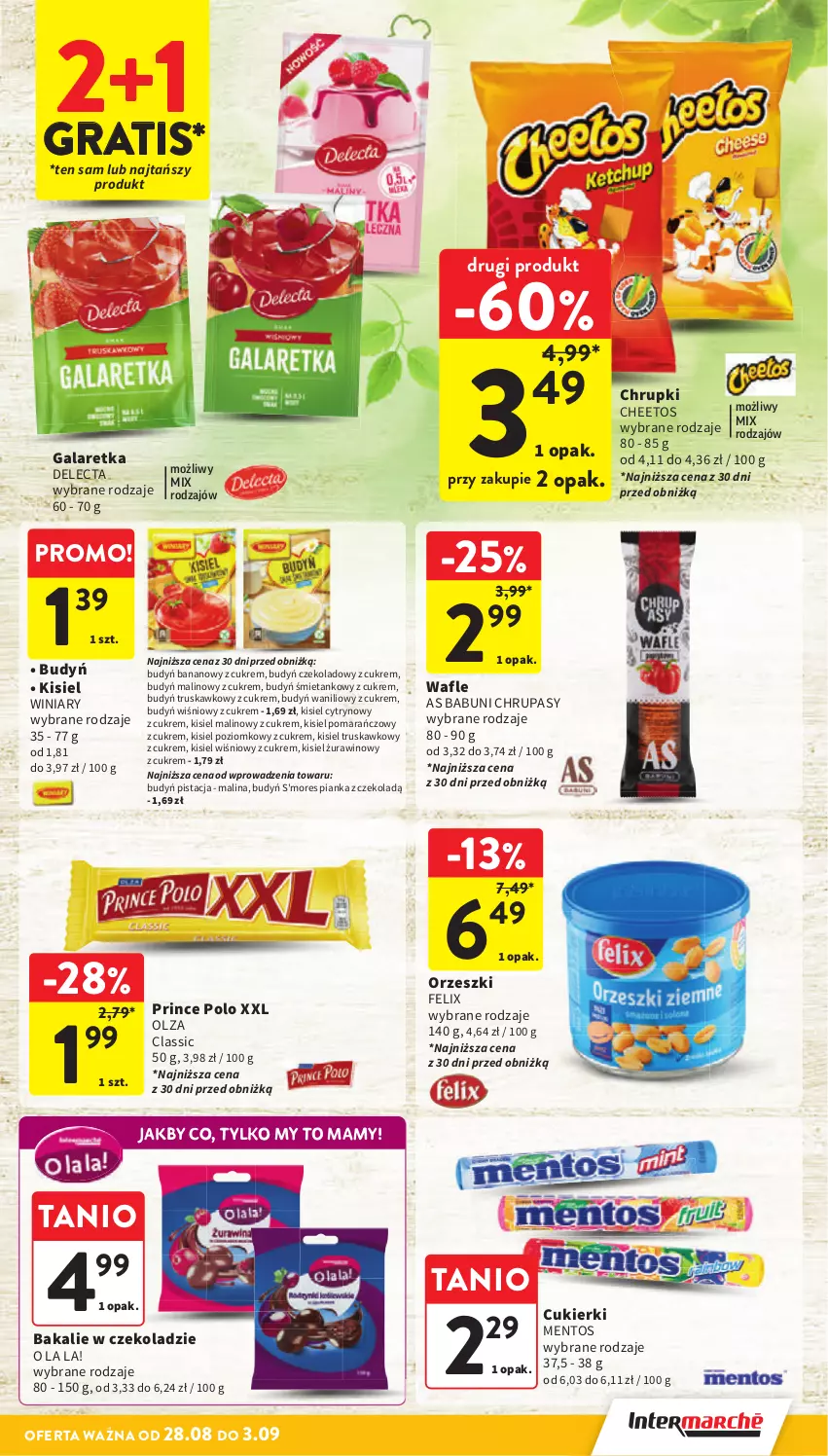 Gazetka promocyjna Intermarche - Gazetka Intermarche - ważna 28.08 do 03.09.2025 - strona 31 - produkty: Babuni, Budyń, Cheetos, Chrupki, Cukier, Cukierki, Delecta, Felix, Gala, Galaretka, Gra, Kisiel, Mentos, Orzeszki, Prince Polo, Wafle, Winiary, Wino