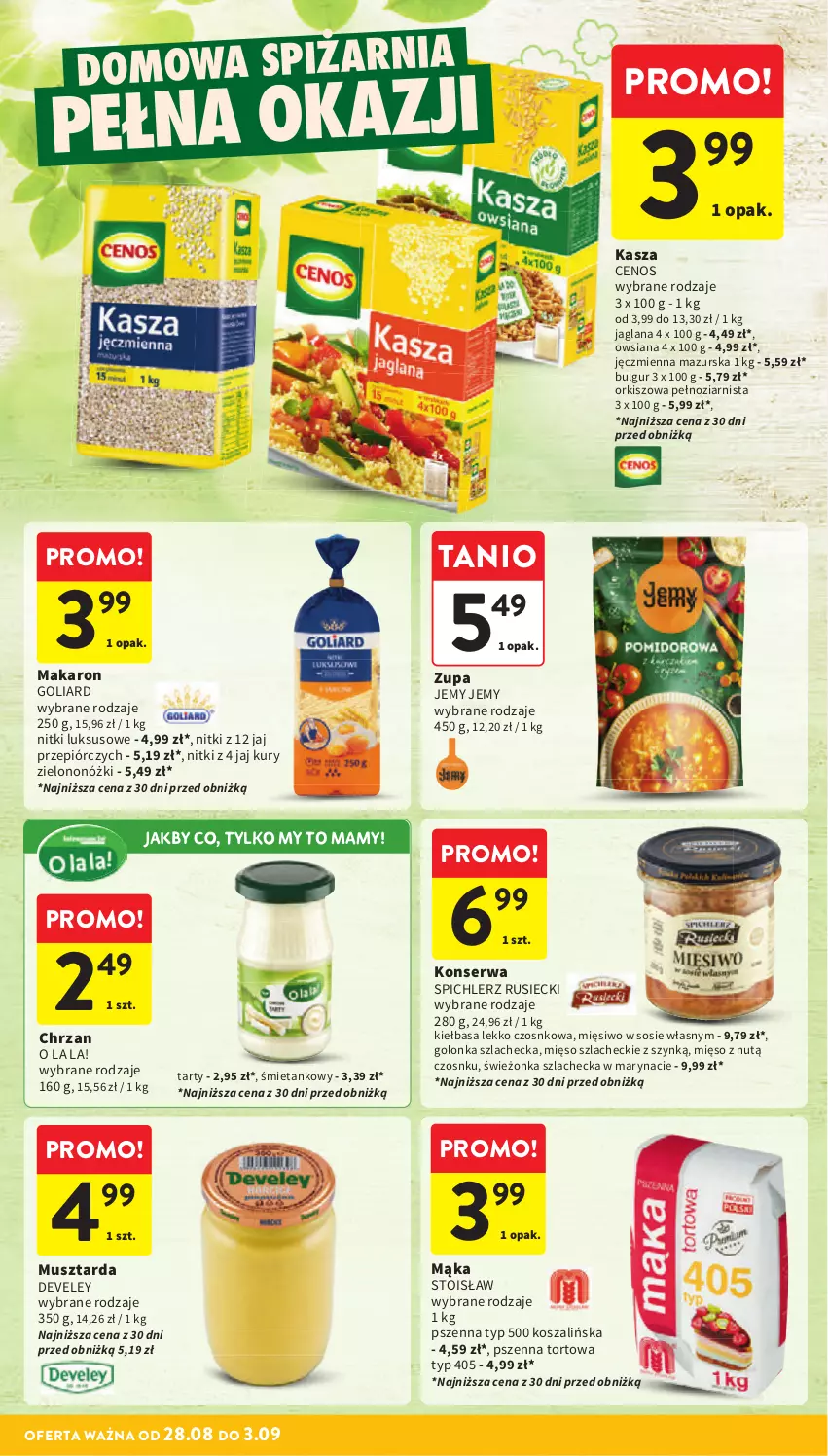 Gazetka promocyjna Intermarche - Gazetka Intermarche - ważna 28.08 do 03.09.2025 - strona 32 - produkty: Bulgur, Cenos, Chrzan, Goliard, Kasza, Kiełbasa, Kosz, LANA, LG, Mąka, Makaron, Mięso, Mus, Musztarda, Ser, Sos, Spichlerz Rusiecki, Szal, Zupa