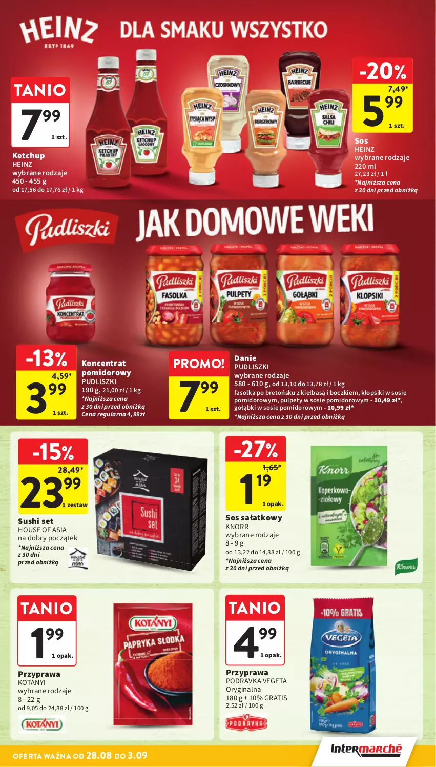 Gazetka promocyjna Intermarche - Gazetka Intermarche - ważna 28.08 do 03.09.2025 - strona 33 - produkty: Fa, Gin, Gra, Heinz, House of Asia, Ketchup, Klopsiki, Knorr, Koncentrat pomidorowy, Podravka, Pudliszki, Pulpety, Sałat, Sos, Sushi, Vegeta