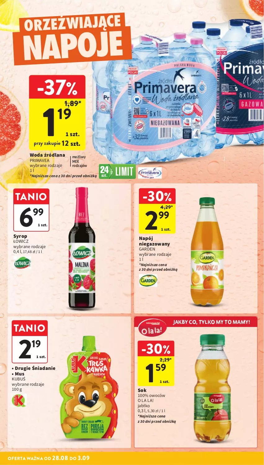 Gazetka promocyjna Intermarche - Gazetka Intermarche - ważna 28.08 do 03.09.2025 - strona 36 - produkty: Kubuś, LANA, Mus, Napój, Napój niegazowany, Napoje, Prima, Sok, Syrop, Woda