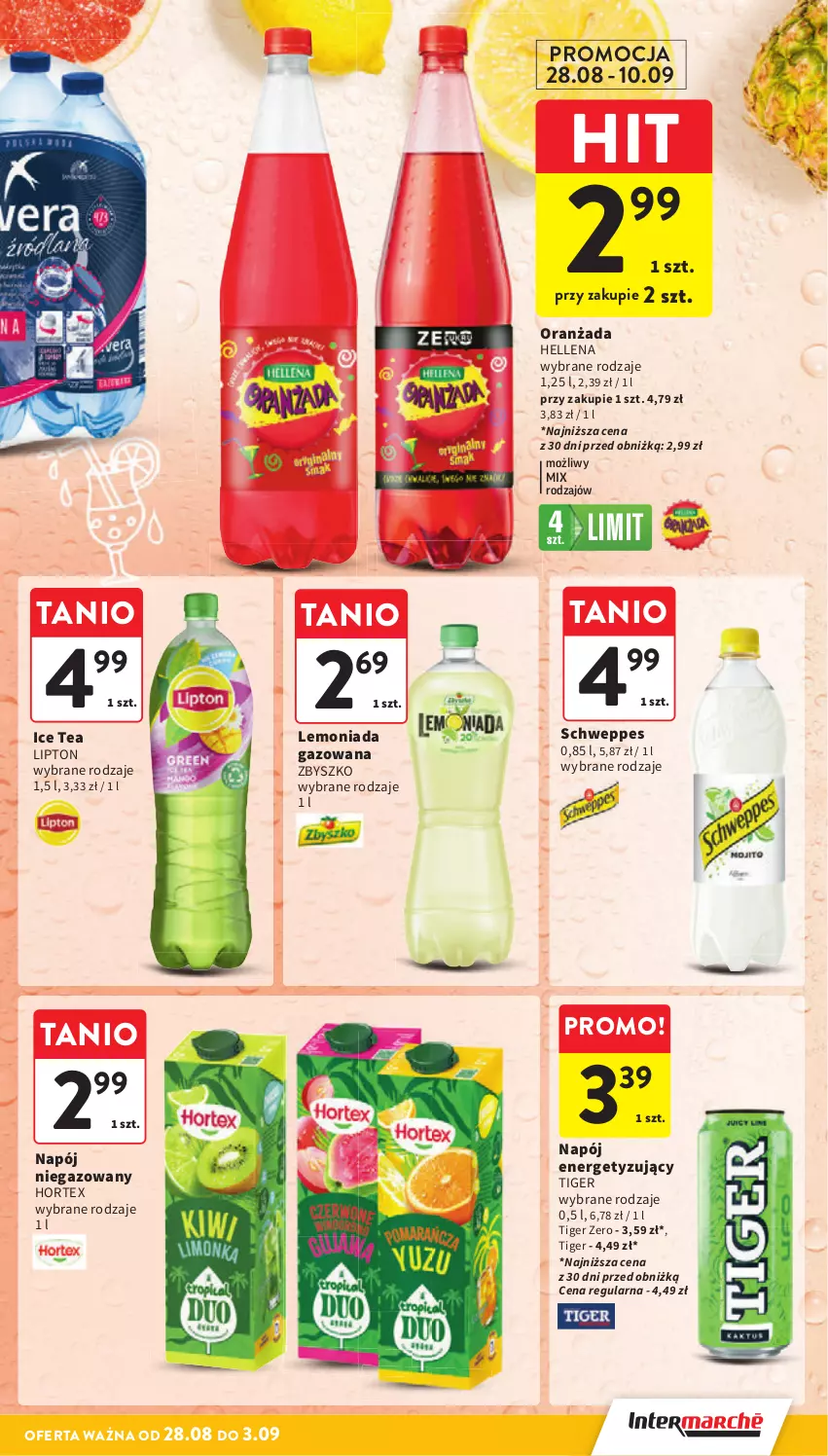 Gazetka promocyjna Intermarche - Gazetka Intermarche - ważna 28.08 do 03.09.2025 - strona 37 - produkty: Hellena, Hortex, Ice tea, Lemoniada, Lipton, Napój, Napój niegazowany, Oranżada, Schweppes, Tiger