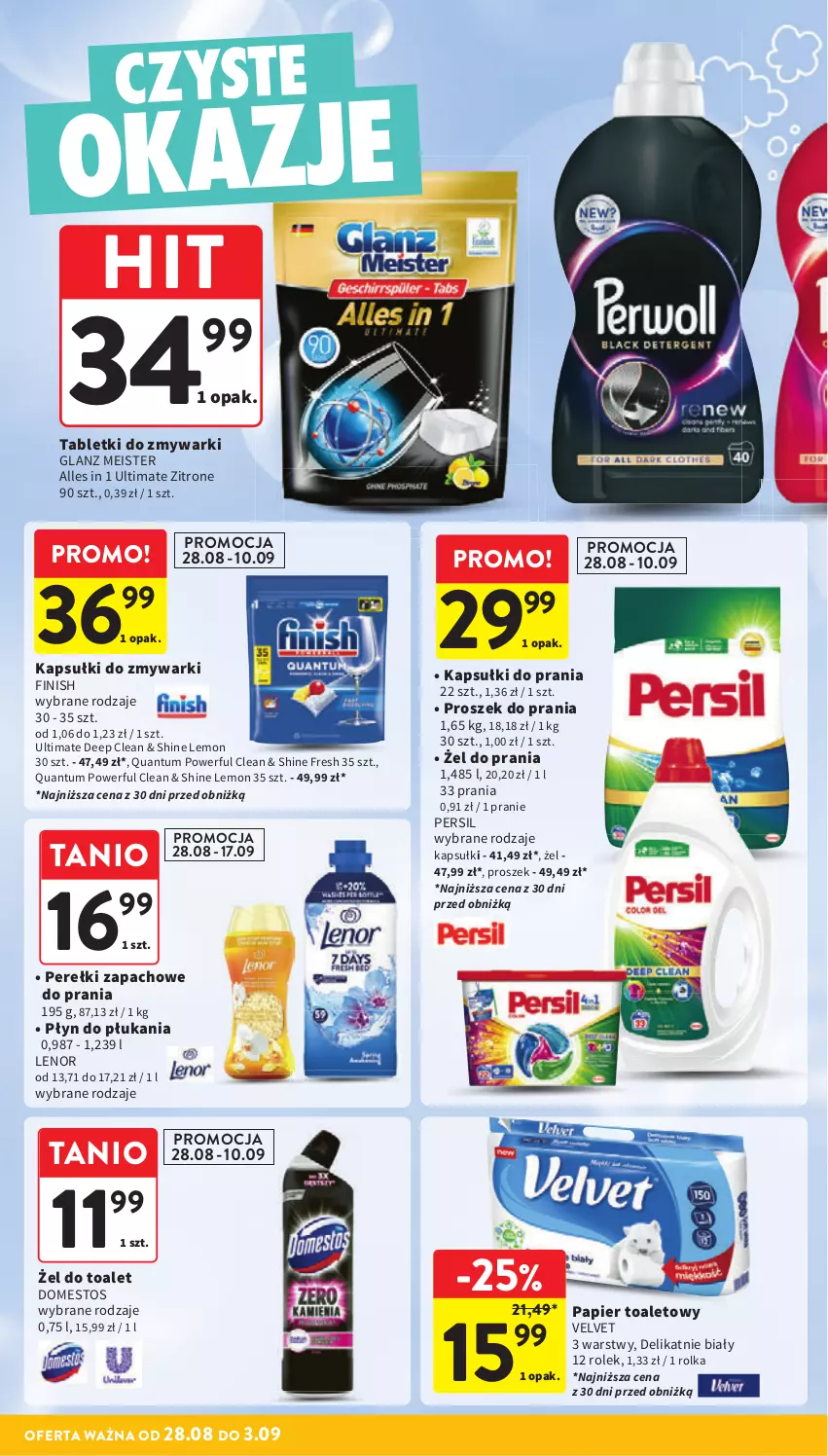 Gazetka promocyjna Intermarche - Gazetka Intermarche - ważna 28.08 do 03.09.2025 - strona 40 - produkty: Domestos, Finish, Kapsułki do prania, Lenor, Papier, Papier toaletowy, Perełki zapachowe, Persil, Płyn do płukania, Proszek do prania, Tablet, Tabletki do zmywarki, Velvet, Zmywarki