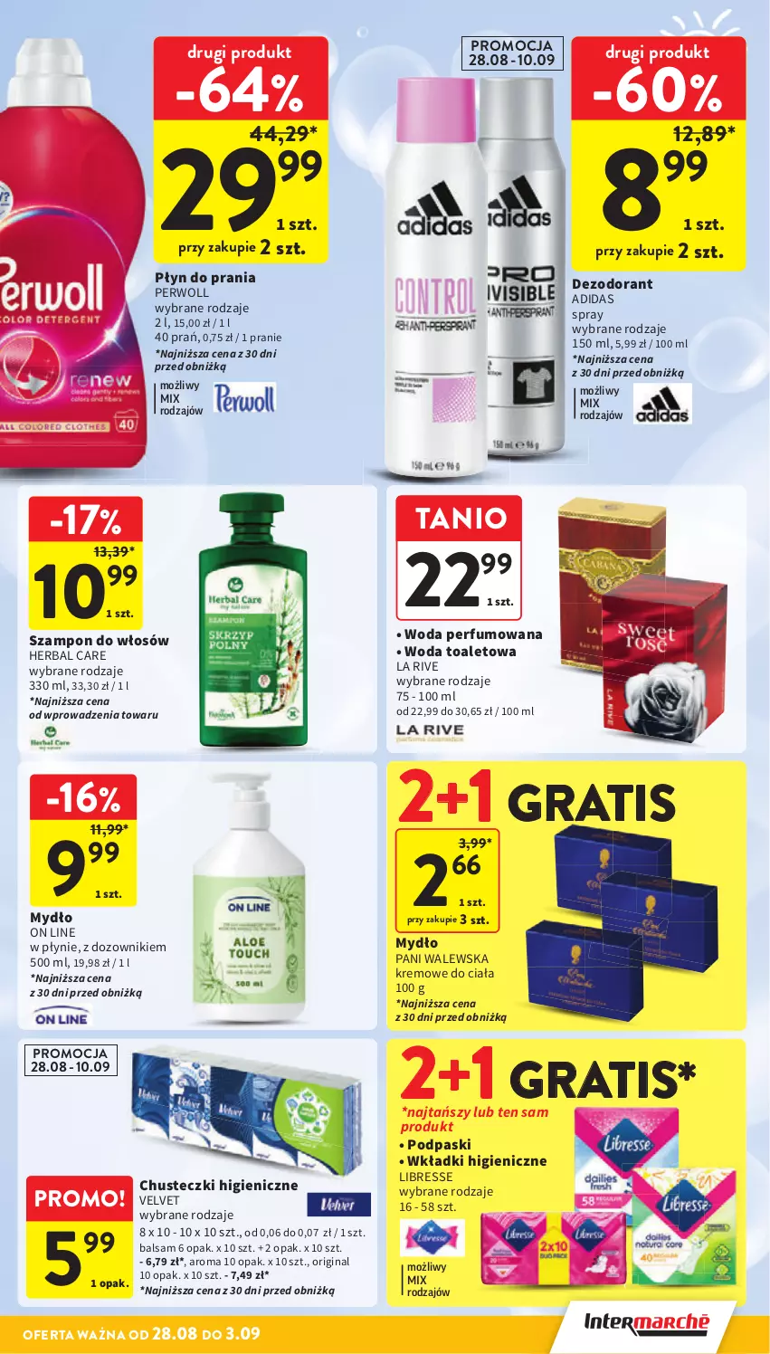 Gazetka promocyjna Intermarche - Gazetka Intermarche - ważna 28.08 do 03.09.2025 - strona 41 - produkty: Adidas, Chusteczki, Dezodorant, Dozownik, Gin, Gra, La Rive, Mydło, Perfum, Perwoll, Płyn do prania, Podpaski, Szampon, Velvet, Wkładki, Woda, Woda perfumowana, Woda toaletowa