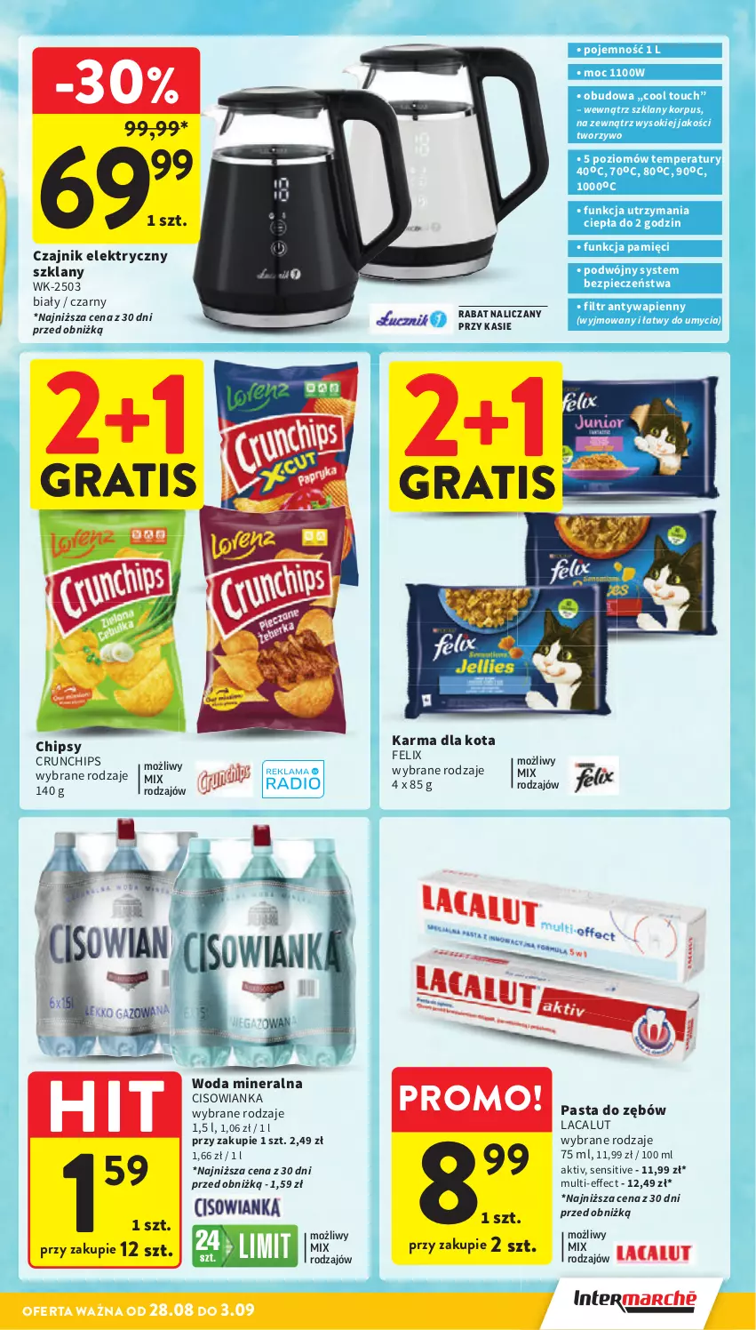 Gazetka promocyjna Intermarche - Gazetka Intermarche - ważna 28.08 do 03.09.2025 - strona 9 - produkty: Chipsy, Cisowianka, Crunchips, Czajnik, Czajnik elektryczny, Felix, Gra, Lacalut, Pasta do zębów, Piec, Sok, Woda, Woda mineralna