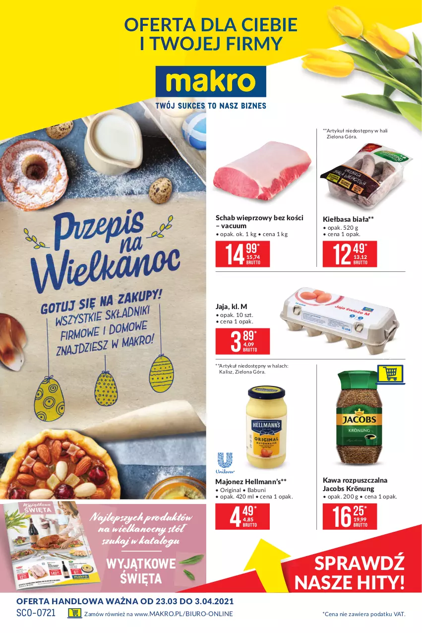 Gazetka promocyjna Makro - [Oferta promocyjna] Artykuły spożywcze - ważna 23.03 do 03.04.2021 - strona 1 - produkty: Babuni, Biuro, Gin, Jacobs, Jacobs Krönung, Jaja, Kawa, Kawa rozpuszczalna, Kiełbasa, Kiełbasa biała, Majonez, Schab wieprzowy, Stół