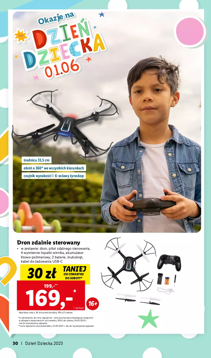 Gazetka promocyjna Lidl - KATALOG DZIEŃ DZIECKA - ważna 08.05 do 01.06.2023 - strona 30 - produkty: Akumulator, Dron, Sok