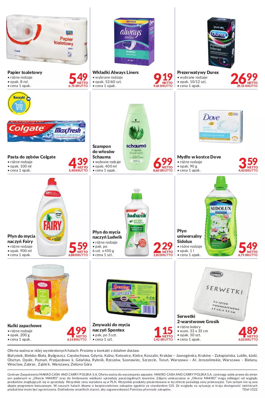 Gazetka promocyjna Makro - [Oferta promocyjna] Dostawy - ważna 12.07 do 25.07.2022 - strona 12 - produkty: Always, Colgate, Do mycia naczyń, Dove, Durex, Fa, Fairy, Gra, Kosz, LG, Ludwik, Mydło, Papier, Papier toaletowy, Pasta do zębów, Piec, Płyn do mycia, Płyn do mycia naczyń, Prezerwatyw, Rum, Schauma, Ser, Serwetki, Sidolux, Sos, Szal, Szampon, Wkładki