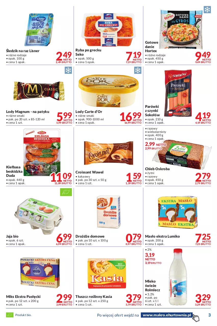 Gazetka promocyjna Makro - [Oferta promocyjna] Dostawy - ważna 12.07 do 25.07.2022 - strona 3 - produkty: Chleb, Croissant, Drożdże, Duda, Hortex, Jaja, Kakao, Kasia, Kiełbasa, Lisner, Lody, Masło, Mleko, Parówki, Parówki z szynki, Rolmlecz, Ryba, Ryba po grecku, SEKO, Sok, Sokołów, Tłuszcz roślinny, Wawel