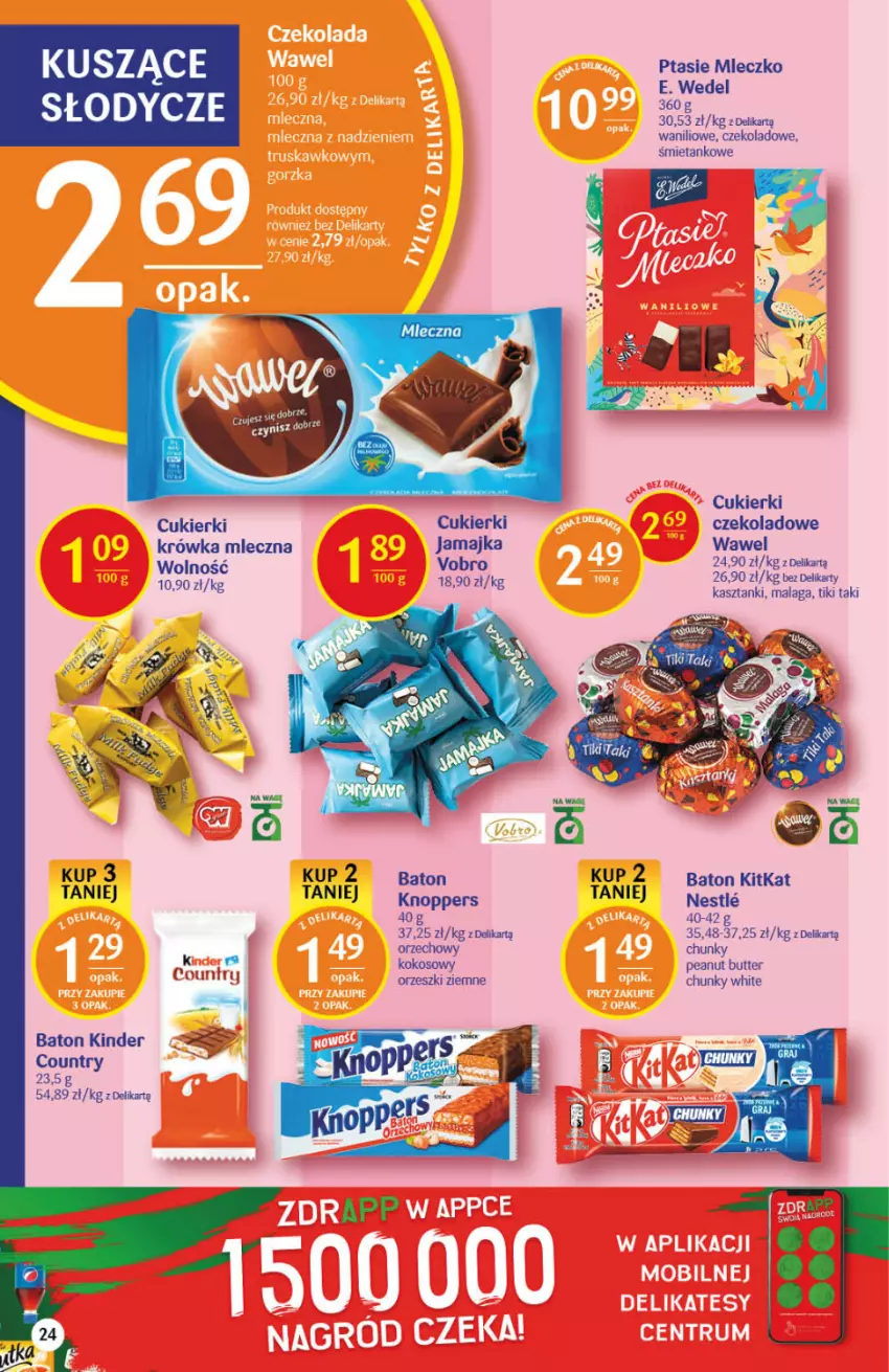 Gazetka promocyjna Delikatesy Centrum - Gazetka DC44 n. fresh - ważna 04.11 do 09.11.2021 - strona 24 - produkty: Baton, Cukier, Cukierki, Cukierki czekoladowe, E. Wedel, Kinder, Knoppers, Kokos, Mleczko, Orzeszki, Orzeszki ziemne, Ptasie mleczko