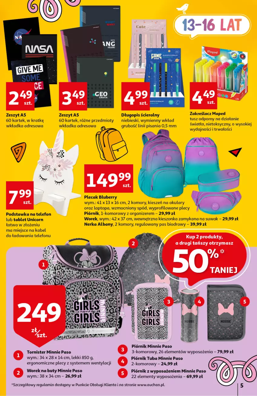 Gazetka promocyjna Auchan - Gazetka Szkoła oszczędzania Hipermarkety - ważna 14.07 do 27.07.2022 - strona 5 - produkty: Buty, Długopis, Dres, Minnie, Organizer, Piórnik, Plecak, Por, Sok, Tablet, Telefon, Top, Tusz