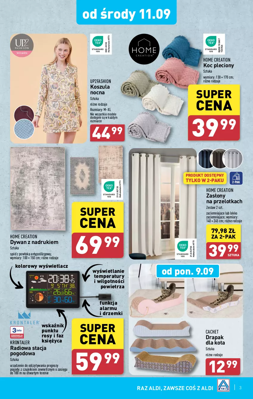 Gazetka promocyjna Aldi - Artykuły przemysłowe i tekstylia - ważna 11.09 do 14.09.2024 - strona 3 - produkty: Drapak, Dywan, Fa, Koc, Kosz, Koszula, Koszula nocna, LG, Stacja pogodowa