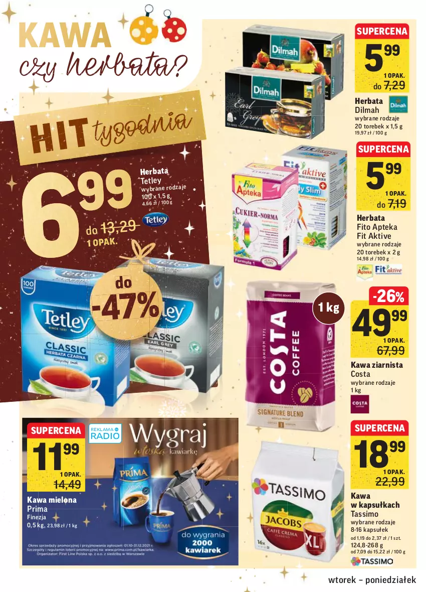 Gazetka promocyjna Intermarche - Gazetka promocyjna - ważna 07.12 do 13.12.2021 - strona 32 - produkty: Apteka, Dilmah, Herbata, Kawa, Kawa mielona, Kawa ziarnista, Prima, Tassimo, Tetley