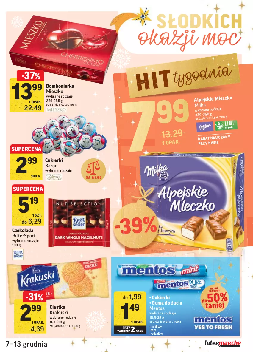 Gazetka promocyjna Intermarche - Gazetka promocyjna - ważna 07.12 do 13.12.2021 - strona 33 - produkty: Ciastka, Cukier, Cukierki, Czekolada, Guma do żucia, Krakus, Krakuski, Mentos, Milka, Mleczko, Por, Sport