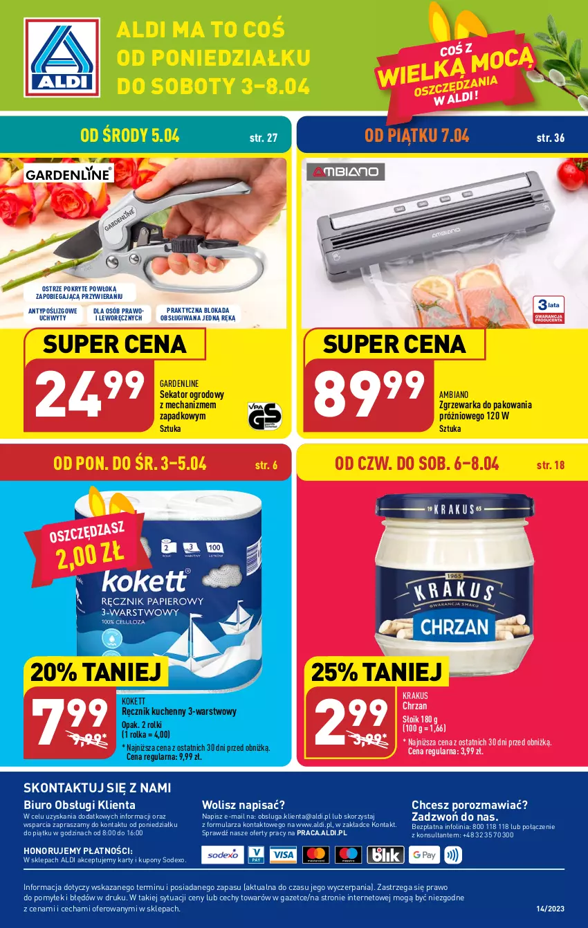 Gazetka promocyjna Aldi - COŚ na przyszły tydzień - ważna 05.04 do 07.04.2023 - strona 14 - produkty: Biuro, Chrzan, Krakus, O nas, Por, Ręcznik, Ręcznik kuchenny, Rolki, Sekator, Uchwyty, Warka