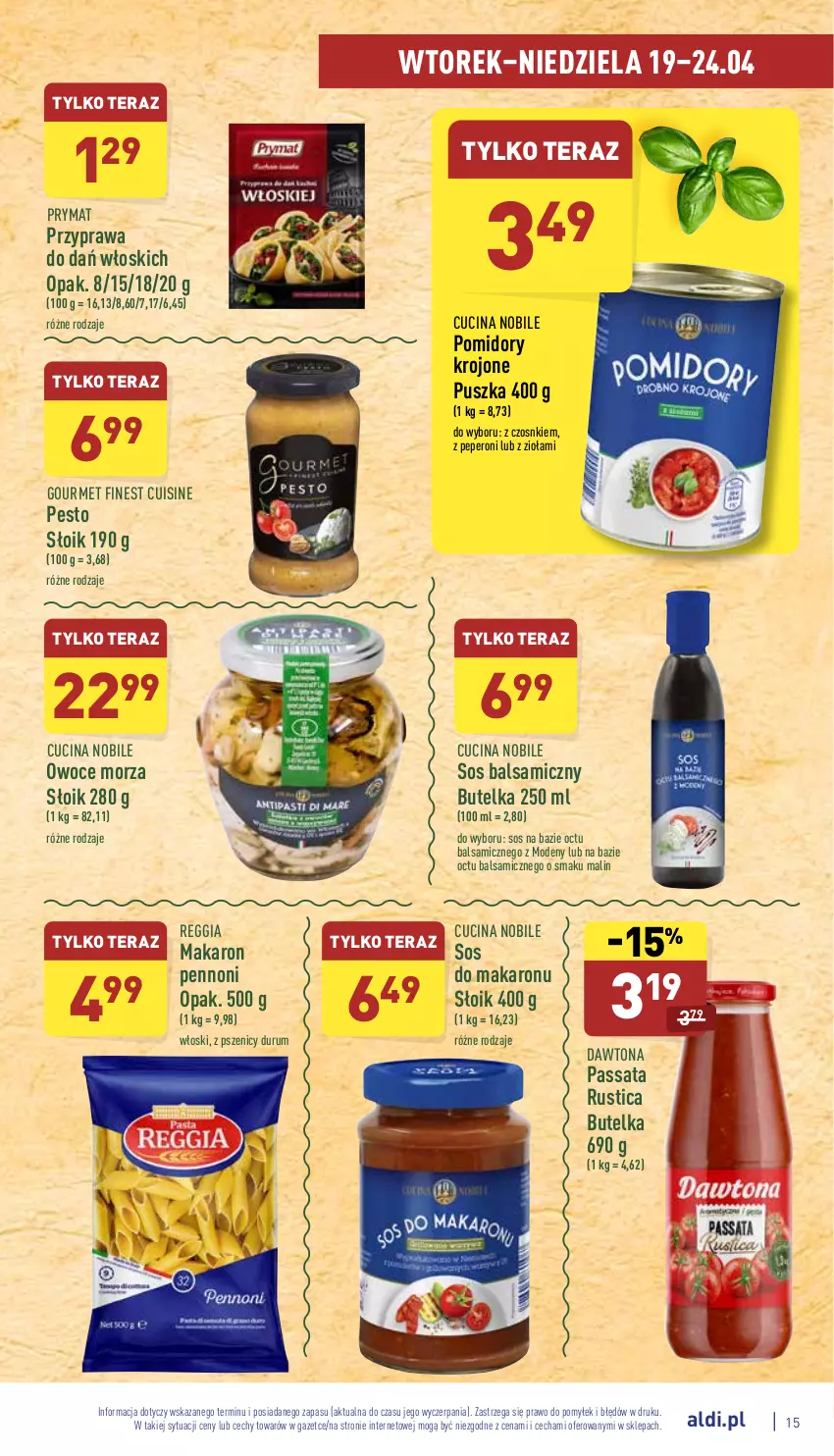 Gazetka promocyjna Aldi - Katalog spożywczy - ważna 19.04 do 24.04.2022 - strona 15 - produkty: Dawtona, Makaron, Owoce, Owoce morza, Pesto, Pomidory, Pomidory krojone, Prymat, Rum, Rust, Sos, Sos do makaronu, Tera