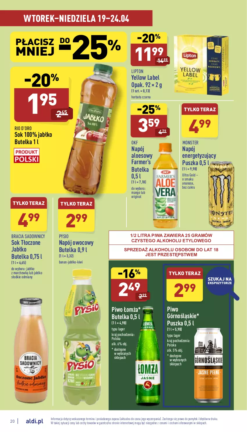 Gazetka promocyjna Aldi - Katalog spożywczy - ważna 19.04 do 24.04.2022 - strona 20 - produkty: Ananas, Fa, Gin, Gra, Herbata, Herbata czarna, Kiwi, Lipton, Mango, Napój, Piwa, Piwo, Sok, Tera