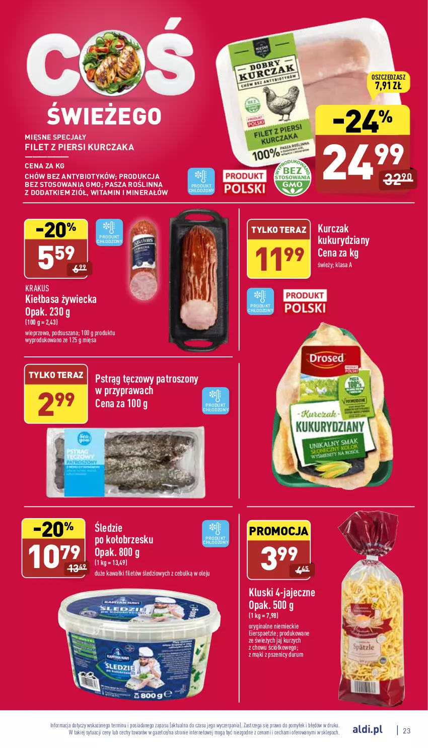 Gazetka promocyjna Aldi - Katalog spożywczy - ważna 19.04 do 24.04.2022 - strona 23 - produkty: Filet z piersi kurczaka, Gin, Kawa, Kiełbasa, Krakus, Kurczak, Mięsne specjały, Olej, Pstrąg, Pstrąg tęczowy, Rum, Tera