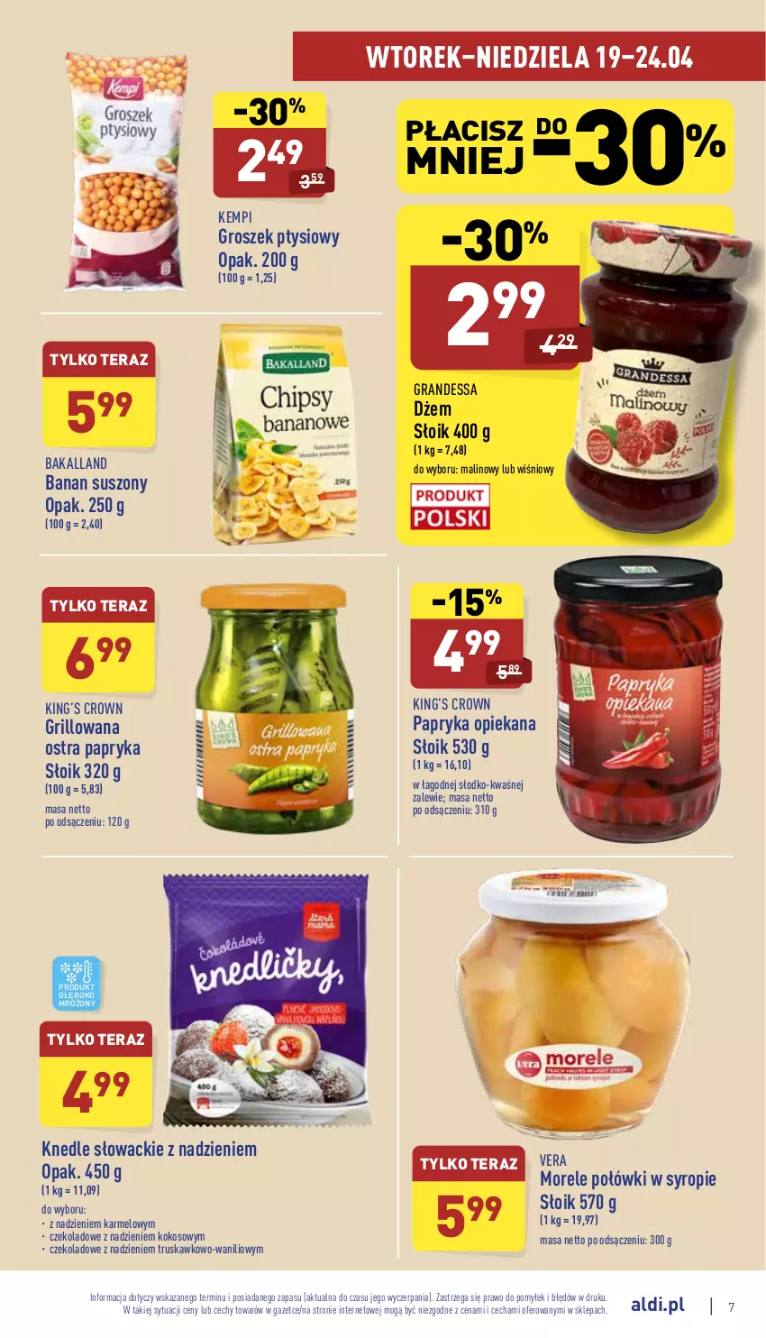 Gazetka promocyjna Aldi - Katalog spożywczy - ważna 19.04 do 24.04.2022 - strona 7 - produkty: Bakalland, Dżem, Gra, Grill, Groszek, Groszek ptysiowy, King’s Crown, Knedle, Kokos, Papryka, Syrop, Tera