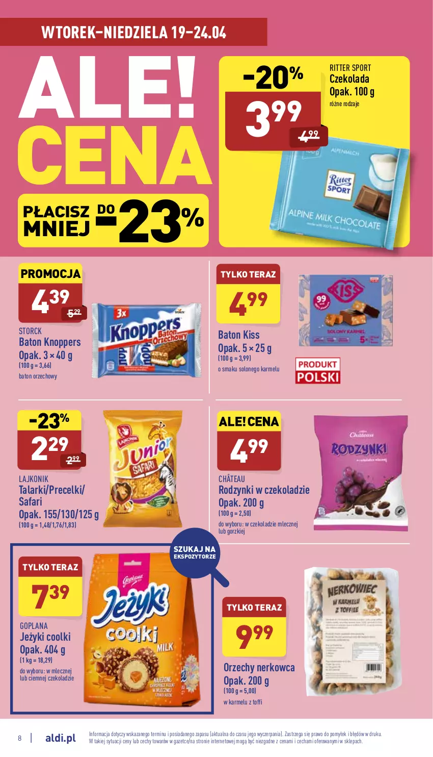 Gazetka promocyjna Aldi - Katalog spożywczy - ważna 19.04 do 24.04.2022 - strona 8 - produkty: Baton, Czekolada, Fa, Goplana, Jeżyki, Knoppers, Lajkonik, LANA, Por, Precelki, Ritter Sport, Rodzynki, Sport, Tera