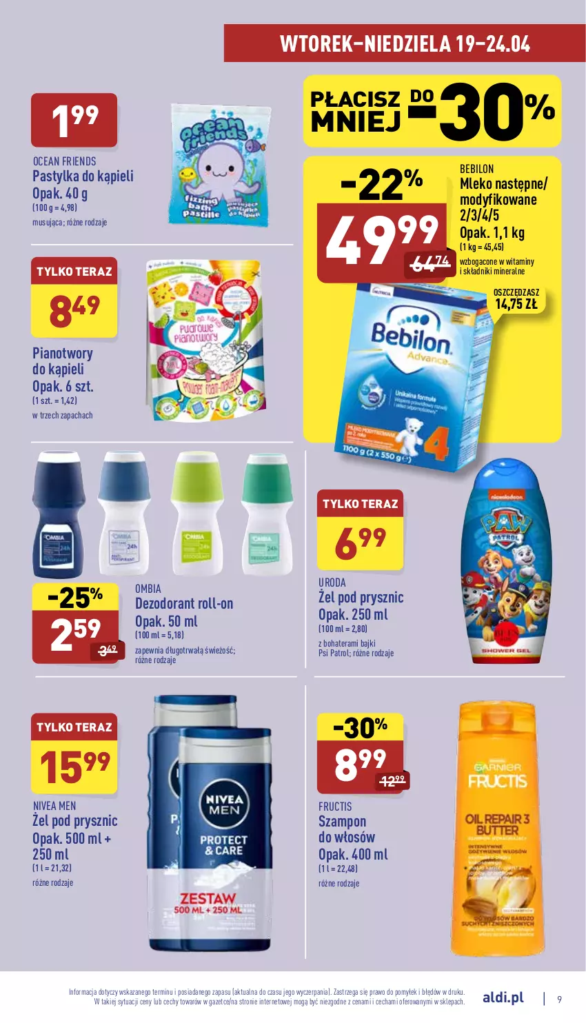 Gazetka promocyjna Aldi - Katalog spożywczy - ważna 19.04 do 24.04.2022 - strona 9 - produkty: BEBILON, Dezodorant, Fructis, Mleko, Mus, Nivea, Nivea Men, O nas, Psi Patrol, Szampon, Tera