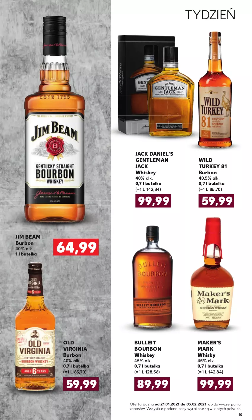 Gazetka promocyjna Kaufland - Barek - ważna 21.01 do 03.02.2021 - strona 10 - produkty: Bourbon, Bulleit Bourbon, Gin, Jack Daniel's, Jim Beam, Old Virginia, Whiskey, Whisky, Wild Turkey