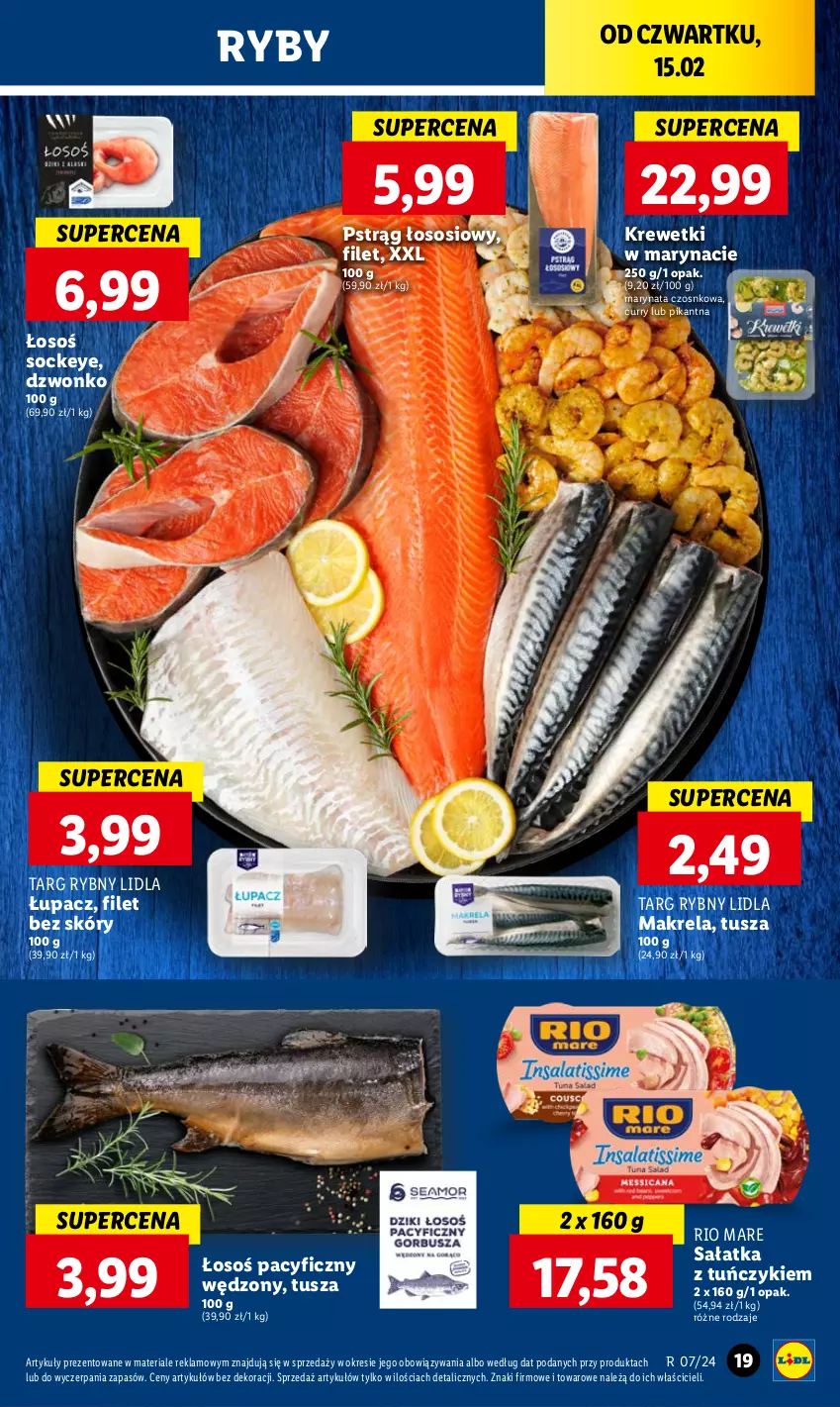 Gazetka promocyjna Lidl - GAZETKA - ważna 15.02 do 17.02.2024 - strona 21 - produkty: Krewetki, Pstrąg, Pstrąg łososiowy, Rio Mare, Sałat, Sałatka, Sos, Tuńczyk, Tusz