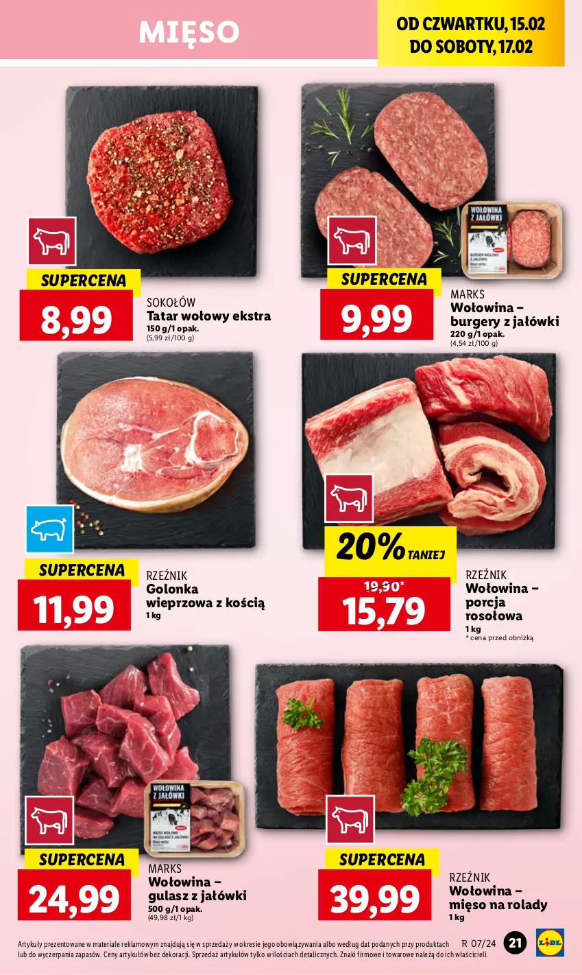 Gazetka promocyjna Lidl - GAZETKA - ważna 15.02 do 17.02.2024 - strona 23 - produkty: Burger, Golonka wieprzowa, Mięso, Por, Sok, Sokołów, Tatar wołowy, Wołowina