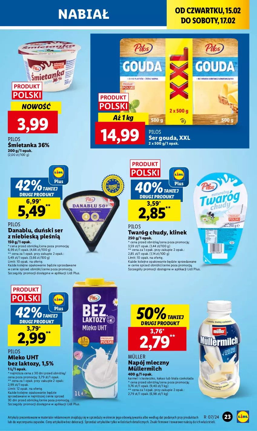 Gazetka promocyjna Lidl - GAZETKA - ważna 15.02 do 17.02.2024 - strona 27 - produkty: Czekolada, Gouda, Kakao, Mleko, Müller, Müllermilch, Napój, Napój mleczny, Olej, Pilos, Ser, Twaróg, Twaróg chudy