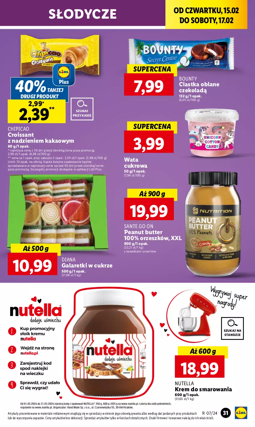 Gazetka promocyjna Lidl - GAZETKA - ważna 15.02 do 17.02.2024 - strona 35 - produkty: Bounty, Chipicao, Ciastka, Croissant, Gala, Galaretki, Kakao, Kawa, Nutella, Olej, Sante, Wata cukrowa