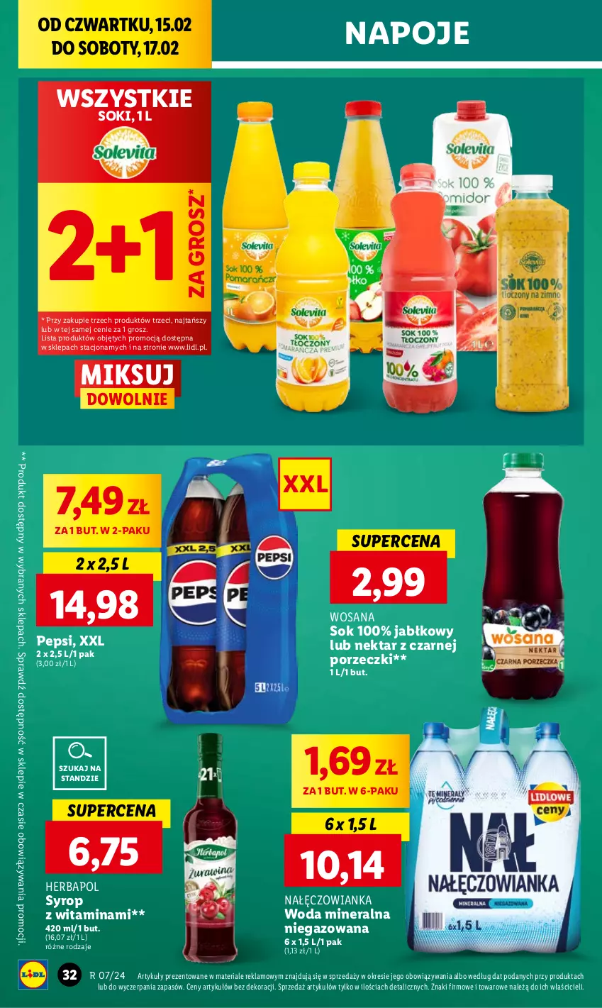 Gazetka promocyjna Lidl - GAZETKA - ważna 15.02 do 17.02.2024 - strona 36 - produkty: Herbapol, Nałęczowianka, Napoje, Nektar, Pepsi, Por, Sok, Syrop, Woda, Woda mineralna, Wosana