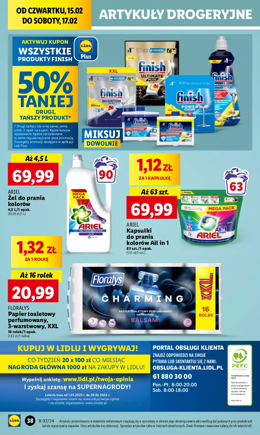 Gazetka promocyjna Lidl - GAZETKA - ważna 15.02 do 17.02.2024 - strona 44 - produkty: Ariel, Finish, Flora, Gry, Kapsułki do prania, Mola, Olej, Papier, Papier toaletowy, Perfum