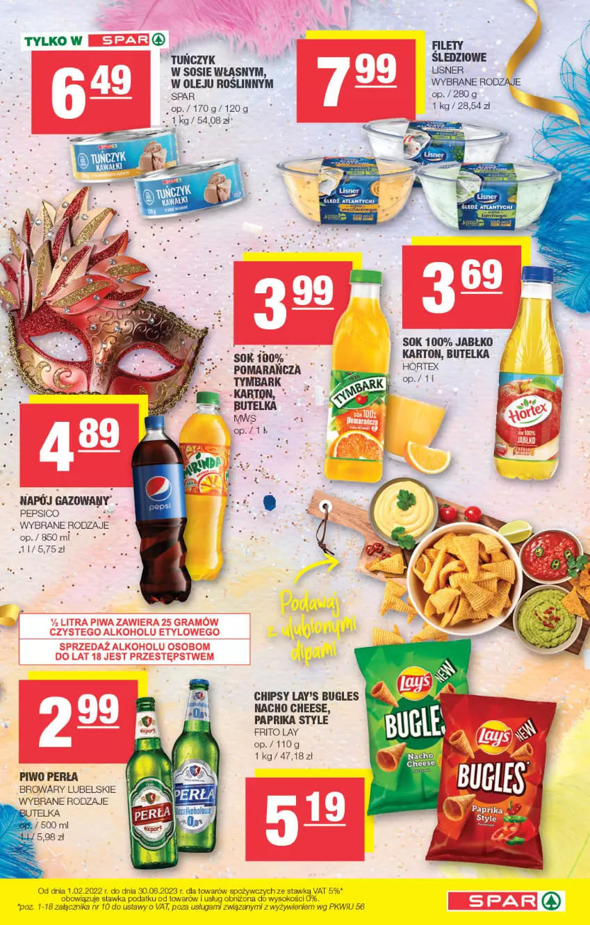 Gazetka promocyjna Spar - Spar - ważna 29.01 do 08.02.2023 - strona 7 - produkty: Chipsy, Hortex, Lisner, Napój, Napój gazowany, Olej, Pepsi, Perła, Piwo, Sok, Sos, Tuńczyk, Tymbark