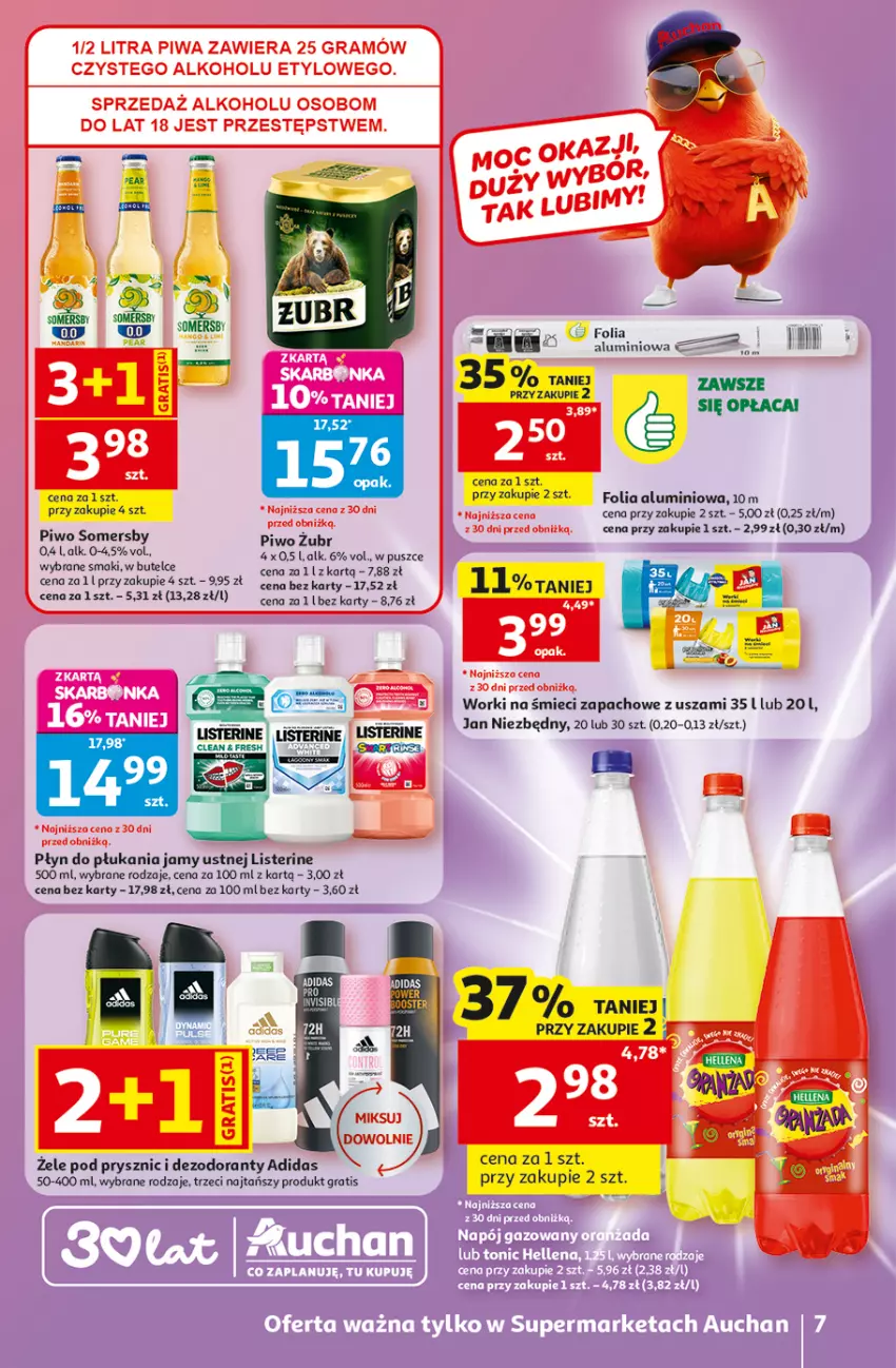 Gazetka promocyjna Auchan - Gazetka 30 Lat Supermarket Auchan - ważna 07.05 do 13.05.2026 - strona 7 - produkty: Adidas, Dezodorant, Fa, Folia aluminiowa, Gra, Jan Niezbędny, Listerine, Mus, Piwo, Płyn do płukania, Płyn do płukania jamy ustnej, Somersby, Worki na śmiec, Worki na śmieci